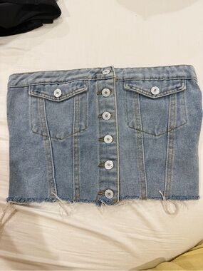 Denim Button-Front Strapless Tube Top in Light Blue